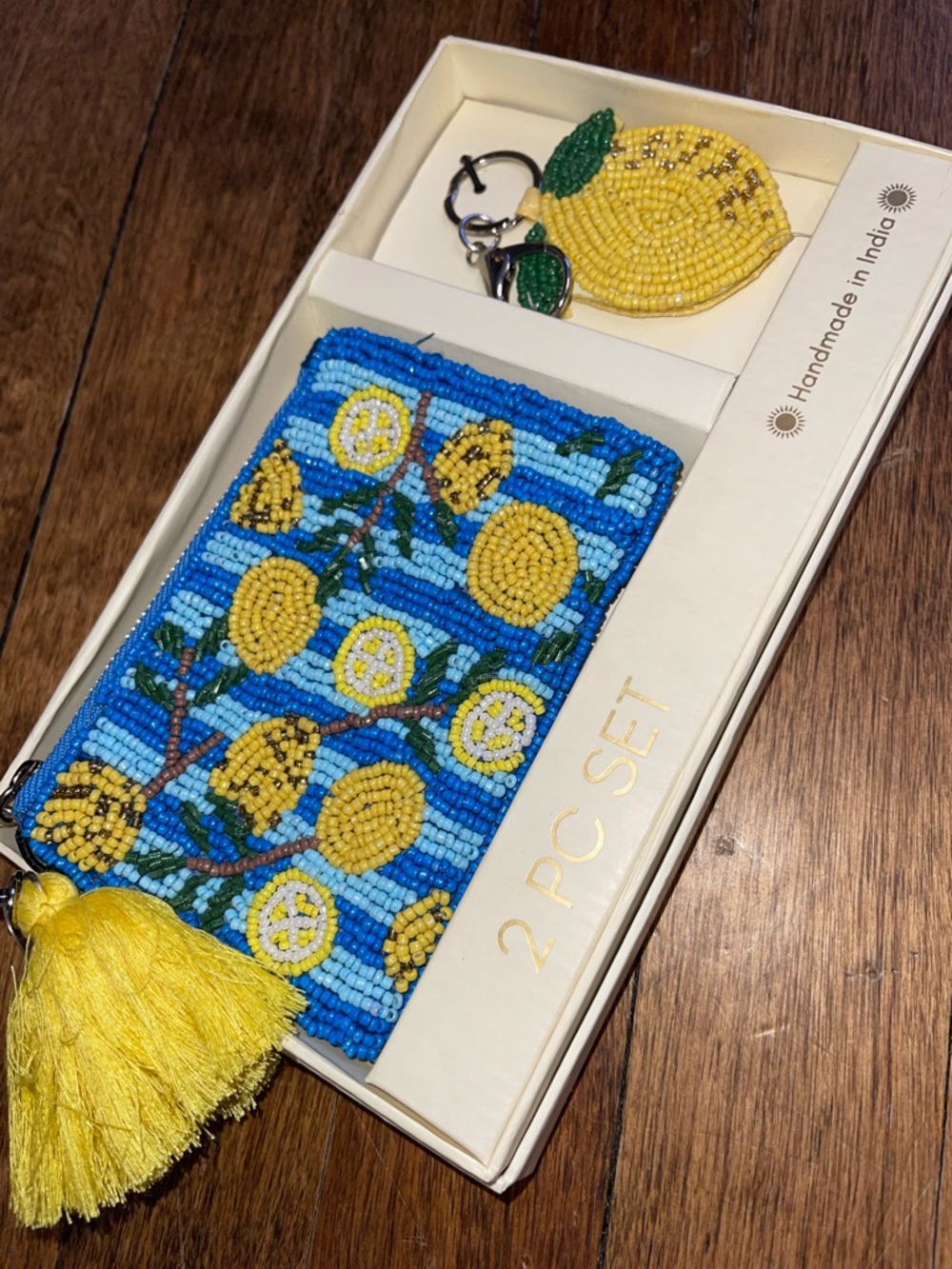 NEW Handmade Blue & Yellow Beaded Lemon coin purse and Keychain Set